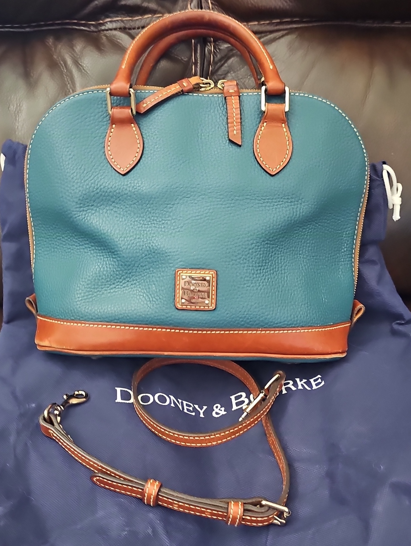 Dooney & Bourke Teal Leather Zip Zip Satchel With Brown Trim And Strap